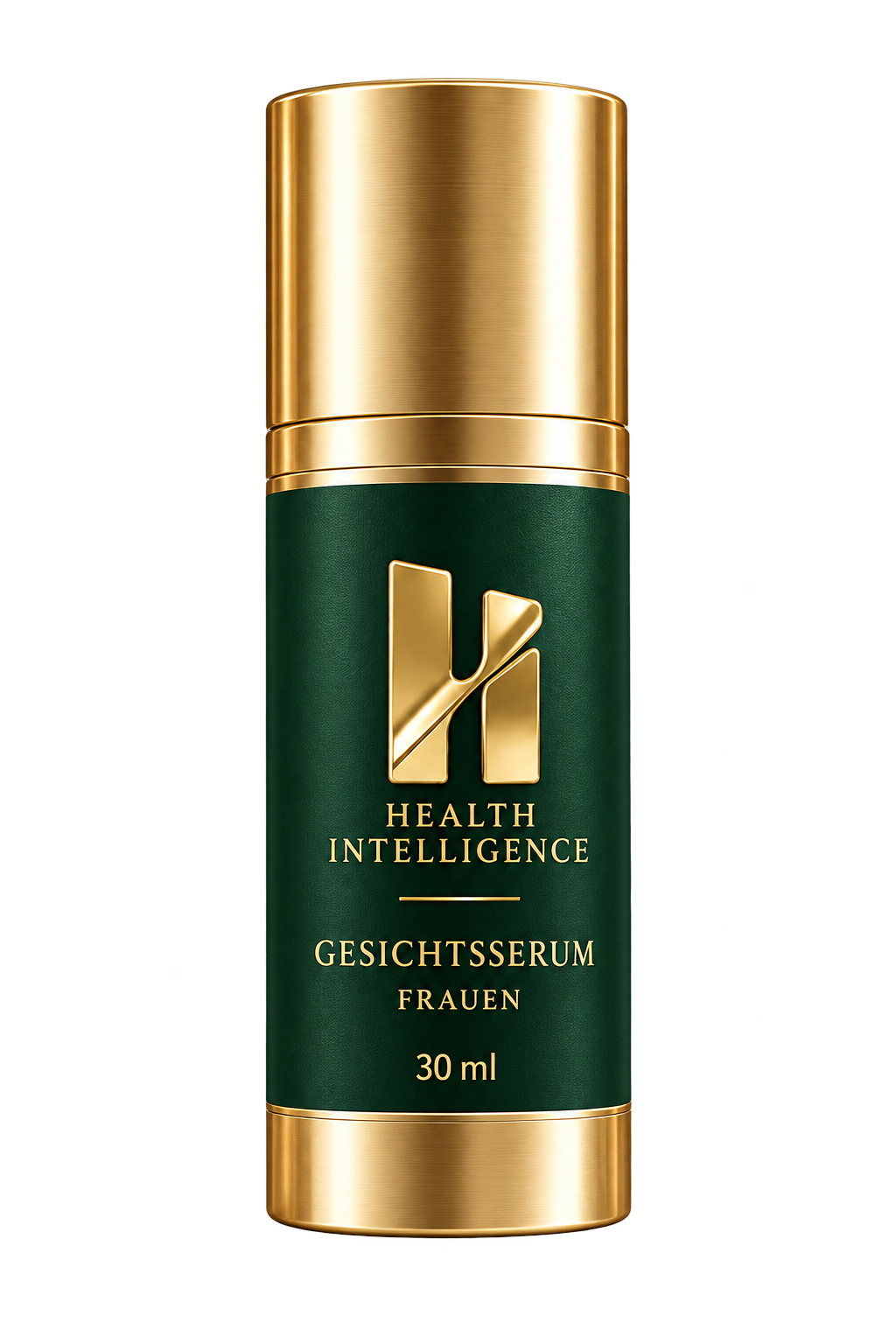 Freigestellter Entwurf: Frauen-Gesichtsserum im goldenen Pumpspender mit grünem HI-Etikett